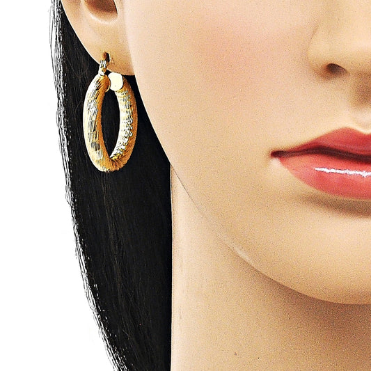Oro Laminado Medium Hoop, Gold Filled Style Hollow Design, Diamond Cutting Finish, Golden Finish