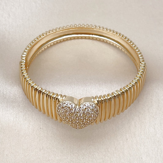 Oro Laminado Individual Bangle, Gold Filled Style Heart Design, with White Cubic Zirconia, Polished, Golden Finish