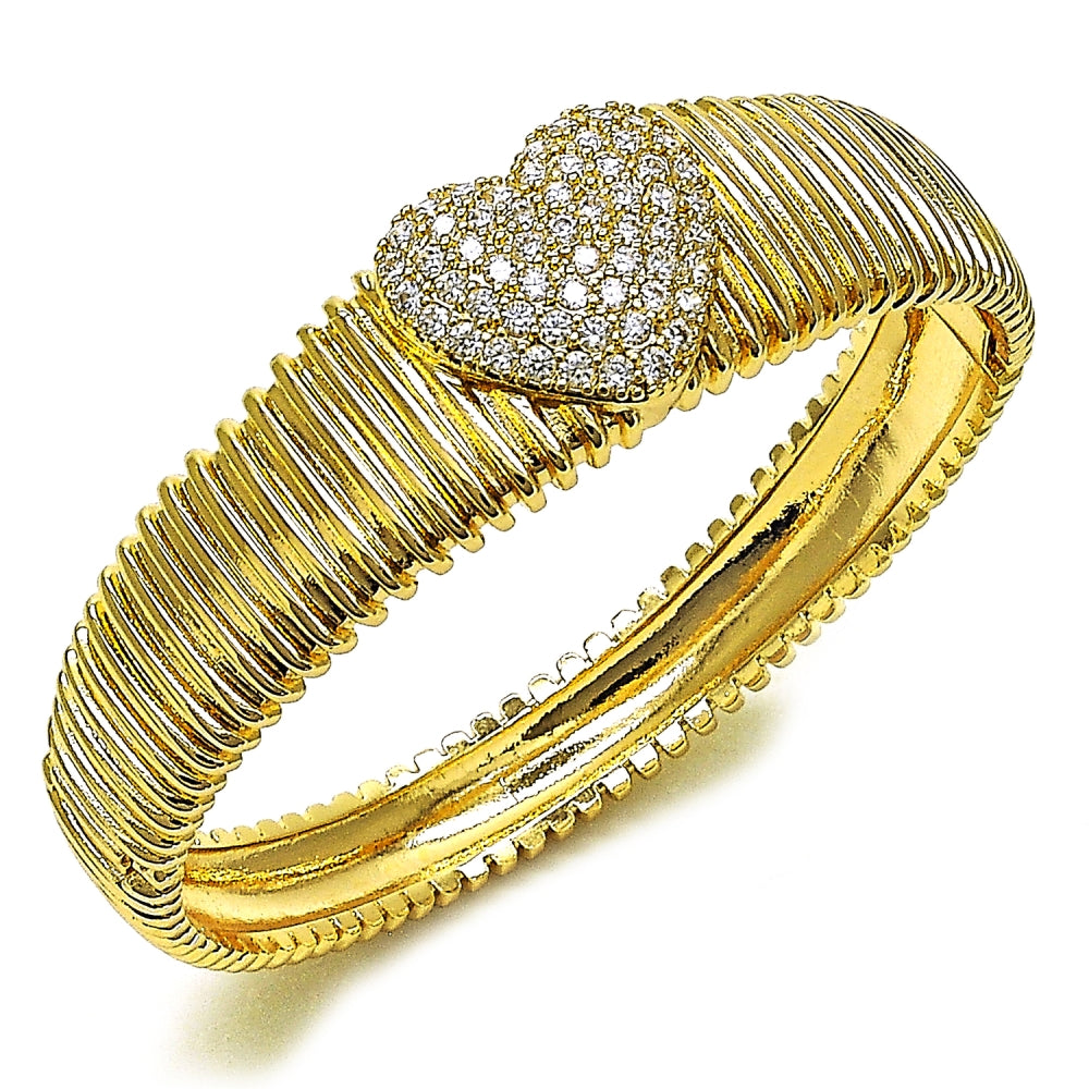 Oro Laminado Individual Bangle, Gold Filled Style Heart Design, with White Cubic Zirconia, Polished, Golden Finish