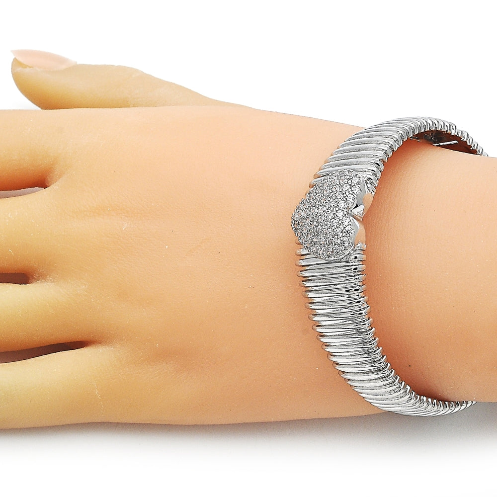 Rhodium Gold Filled Individual Bangle, Heart Design, with White Cubic Zirconia, Polished, Rhodium Finish