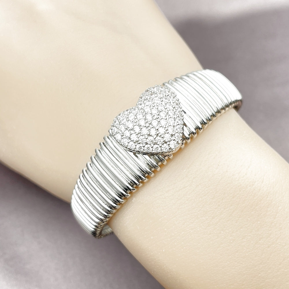 Rhodium Gold Filled Individual Bangle, Heart Design, with White Cubic Zirconia, Polished, Rhodium Finish