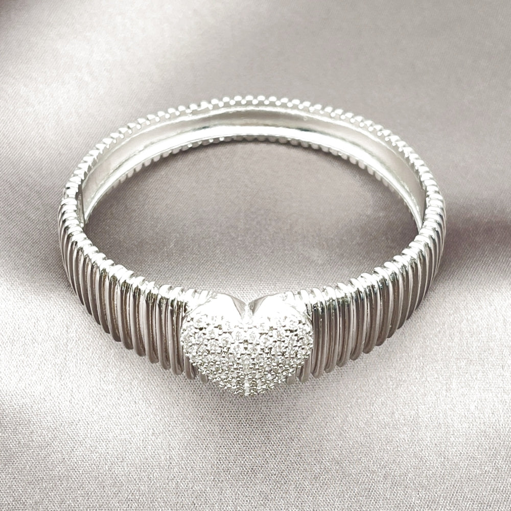 Rhodium Gold Filled Individual Bangle, Heart Design, with White Cubic Zirconia, Polished, Rhodium Finish