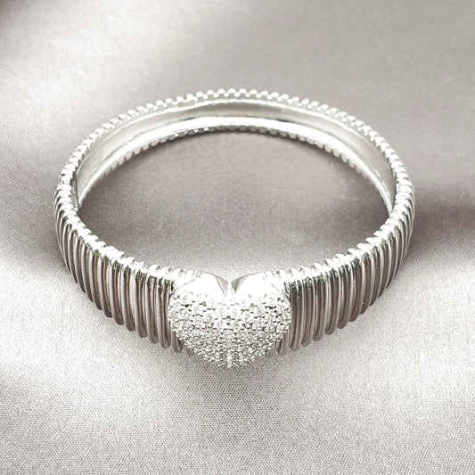 Rhodium Gold Filled Individual Bangle, Heart Design, with White Cubic Zirconia, Polished, Rhodium Finish