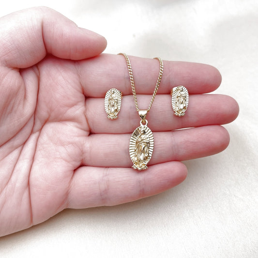 Oro Laminado Earring and Pendant Adult Set, Gold Filled Style Guadalupe Design, Polished, Golden Finish