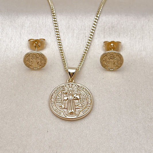 Oro Laminado Earring and Pendant Adult Set, Gold Filled Style San Benito Design, Polished, Golden Finish