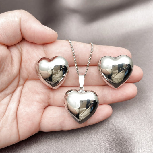 Rhodium Gold Filled Earring and Pendant Adult Set, Heart and Hollow Design, Polished, Rhodium Finish