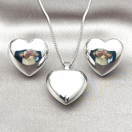 Rhodium Gold Filled Earring and Pendant Adult Set, Heart and Hollow Design, Polished, Rhodium Finish