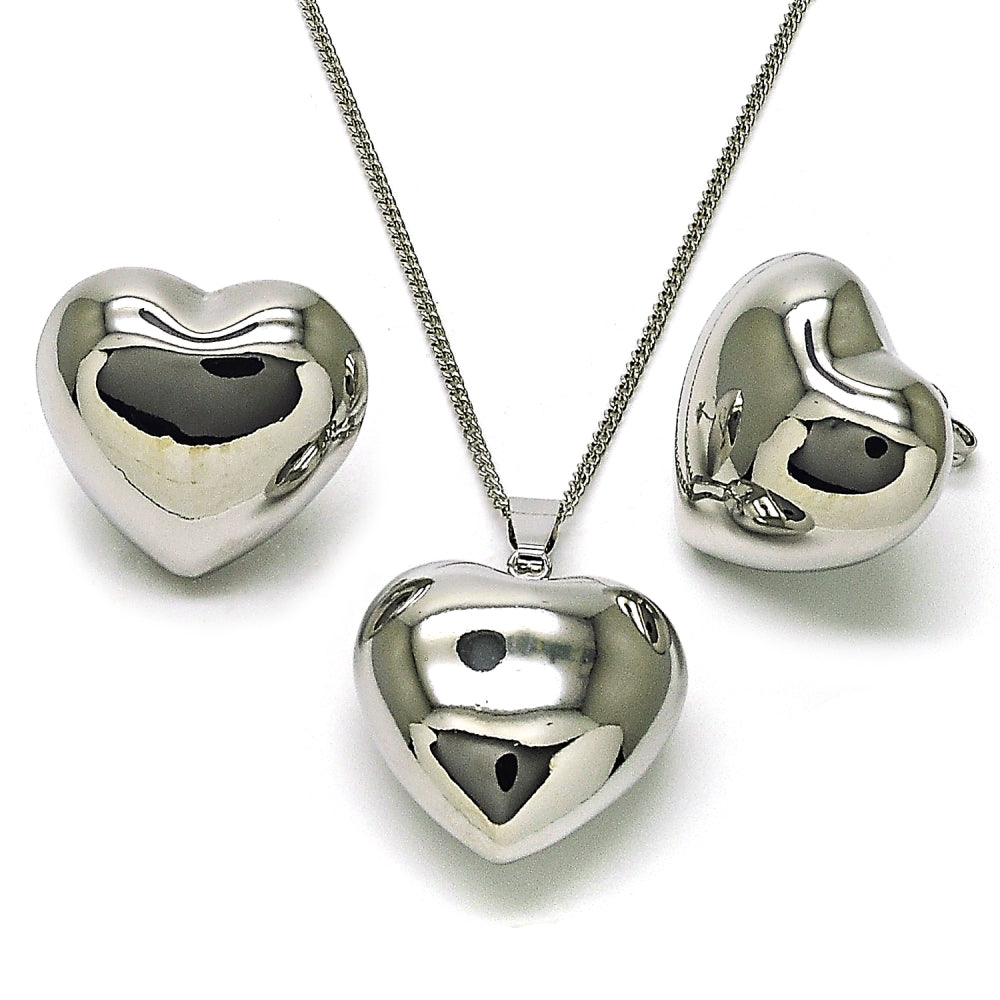 Rhodium Gold Filled Earring and Pendant Adult Set, Heart and Hollow Design, Polished, Rhodium Finish
