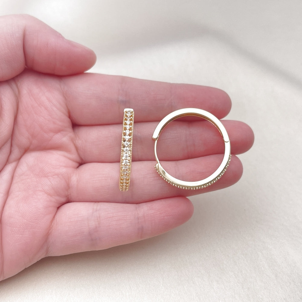Oro Laminado Huggie Hoop, Gold Filled Style with White Cubic Zirconia, Polished, Golden Finish