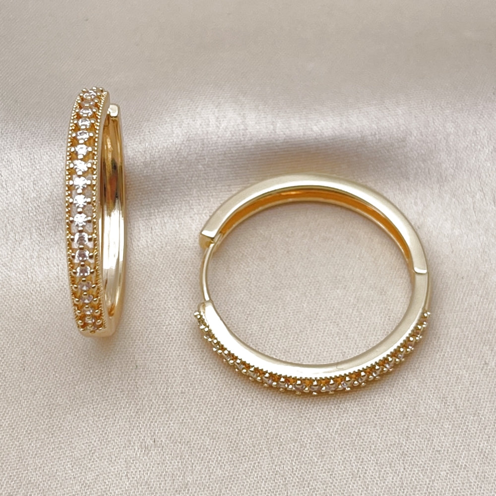 Oro Laminado Huggie Hoop, Gold Filled Style with White Cubic Zirconia, Polished, Golden Finish