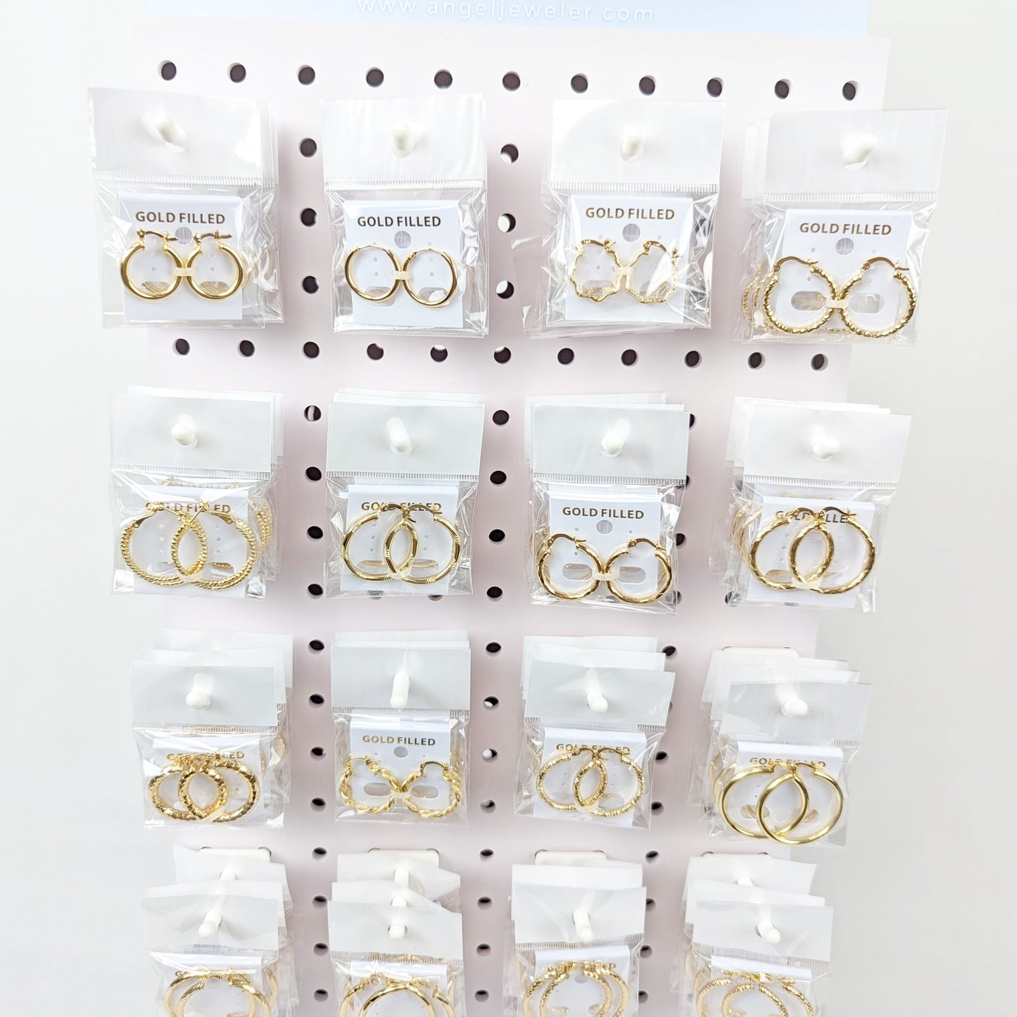 Medium Rotating Display, 160 Assorted Hoops Earrings, Oro Laminado with Free Display