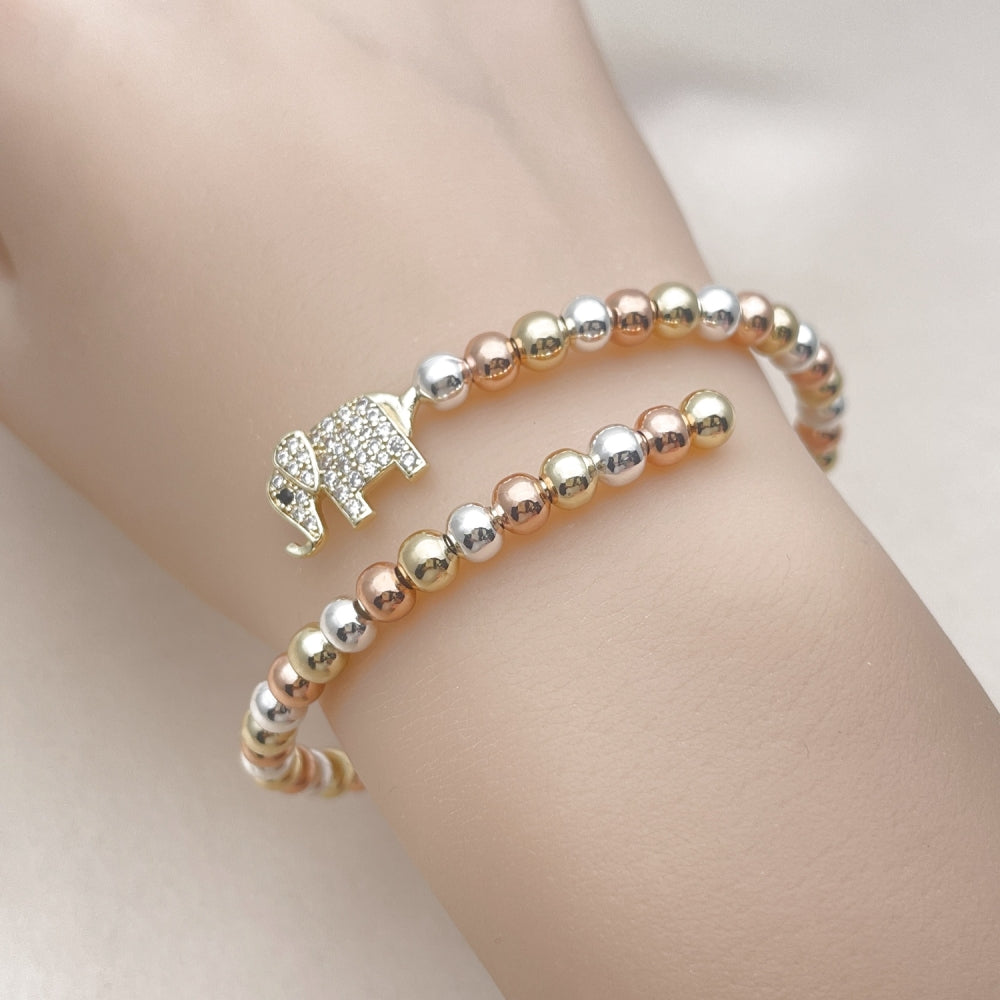 Oro Laminado Individual Bangle, Gold Filled Style Elephant and Ball Design, with White Cubic Zirconia, Polished, Tricolor
