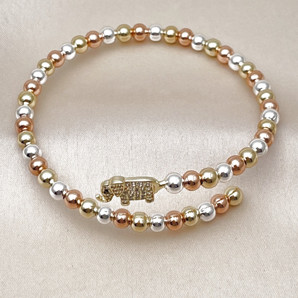 Oro Laminado Individual Bangle, Gold Filled Style Elephant and Ball Design, with White Cubic Zirconia, Polished, Tricolor