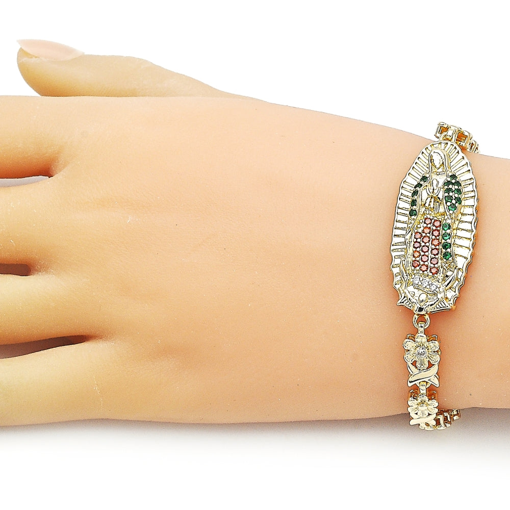 Oro Laminado Fancy Bracelet, Gold Filled Style Guadalupe and Flower Design, with White and Garnet Cubic Zirconia, Polished, Golden Finish