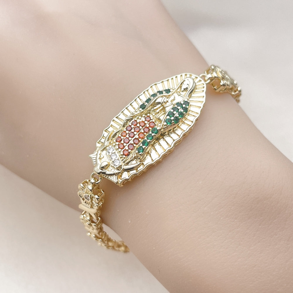 Oro Laminado Fancy Bracelet, Gold Filled Style Guadalupe and Flower Design, with White and Garnet Cubic Zirconia, Polished, Golden Finish