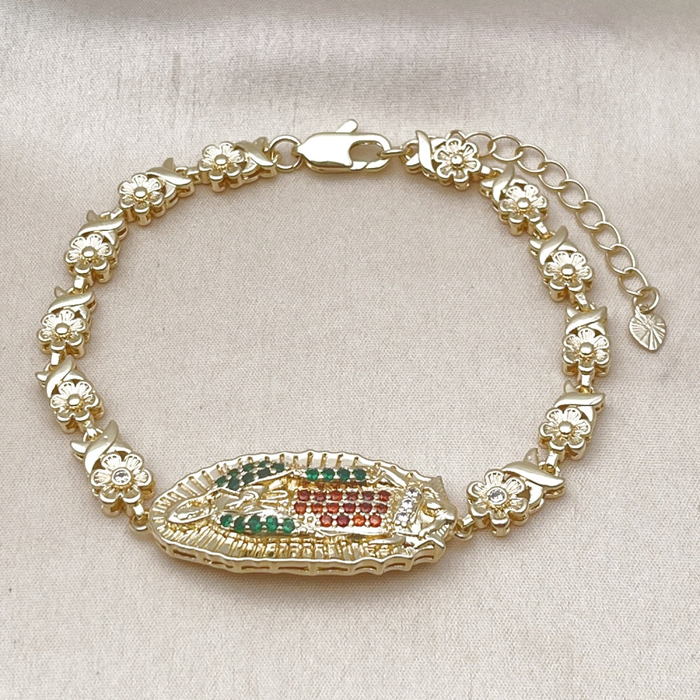 Oro Laminado Fancy Bracelet, Gold Filled Style Guadalupe and Flower Design, with White and Garnet Cubic Zirconia, Polished, Golden Finish