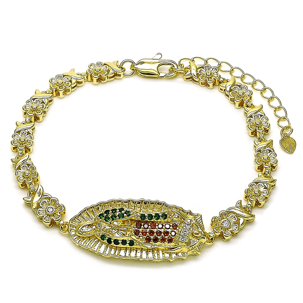 Oro Laminado Fancy Bracelet, Gold Filled Style Guadalupe and Flower Design, with White and Garnet Cubic Zirconia, Polished, Golden Finish