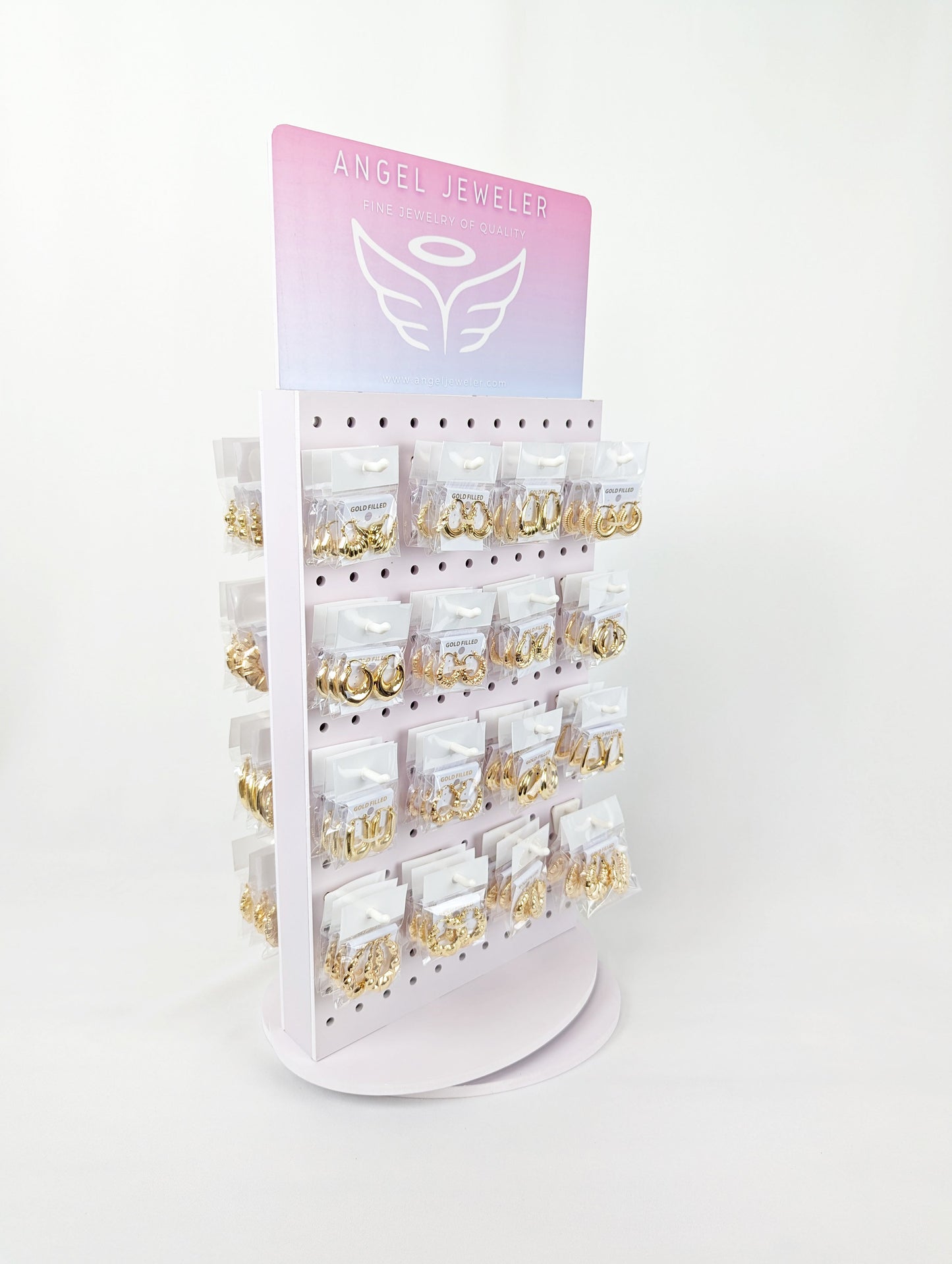 Medium Rotating Display, 130 Assorted Puff Hoops, Oro Laminado with Free Display