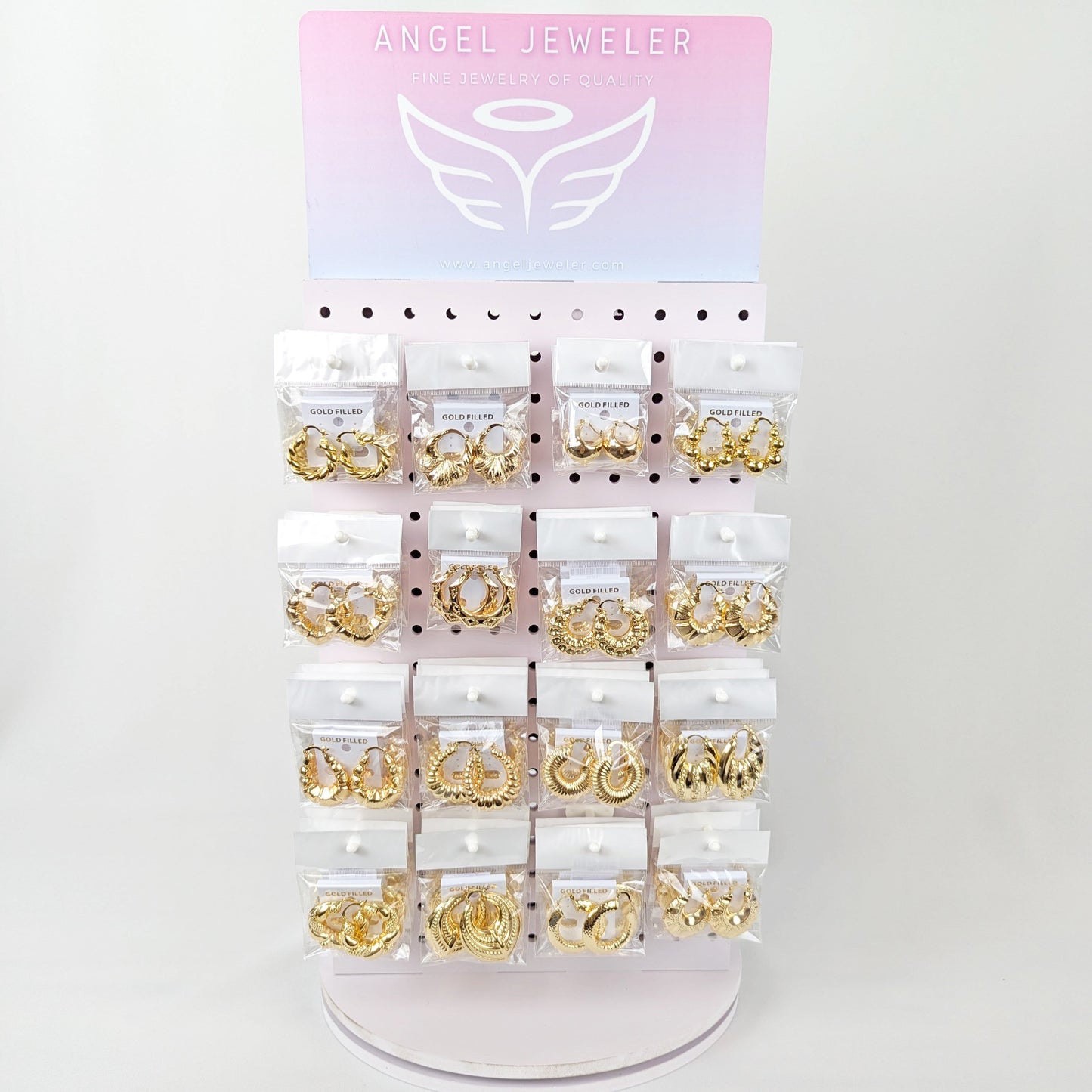 Medium Rotating Display, 130 Assorted Puff Hoops, Oro Laminado with Free Display