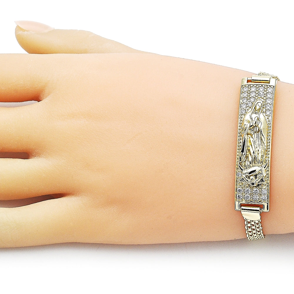 Oro Laminado ID Bracelet, Gold Filled Style Guadalupe and Bismark Design, with White Cubic Zirconia, Polished, Golden Finish