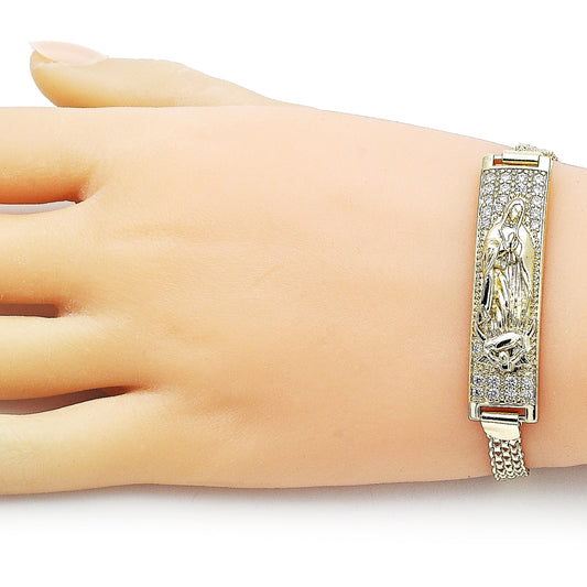 Oro Laminado ID Bracelet, Gold Filled Style Guadalupe and Bismark Design, with White Cubic Zirconia, Polished, Golden Finish