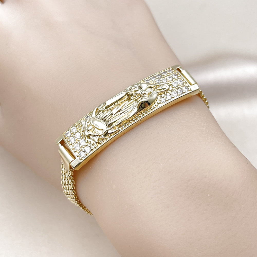 Oro Laminado ID Bracelet, Gold Filled Style Guadalupe and Bismark Design, with White Cubic Zirconia, Polished, Golden Finish