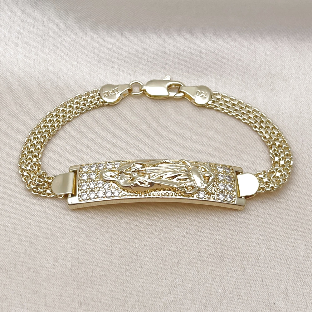 Oro Laminado ID Bracelet, Gold Filled Style Guadalupe and Bismark Design, with White Cubic Zirconia, Polished, Golden Finish
