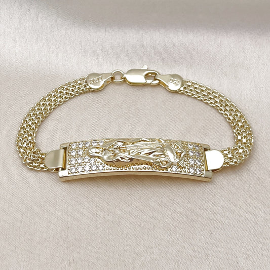 Oro Laminado ID Bracelet, Gold Filled Style Guadalupe and Bismark Design, with White Cubic Zirconia, Polished, Golden Finish