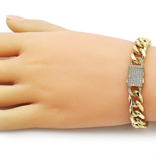 Oro Laminado Fancy Bracelet, Gold Filled Style Miami Cuban Design, with White Micro Pave, Polished, Golden Finish
