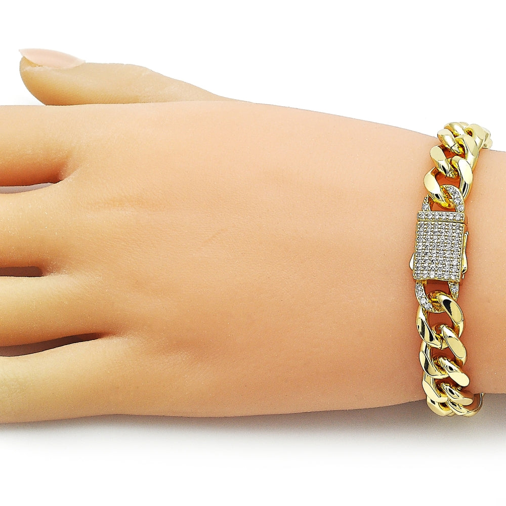 Oro Laminado Fancy Bracelet, Gold Filled Style Miami Cuban Design, with White Micro Pave, Polished, Golden Finish