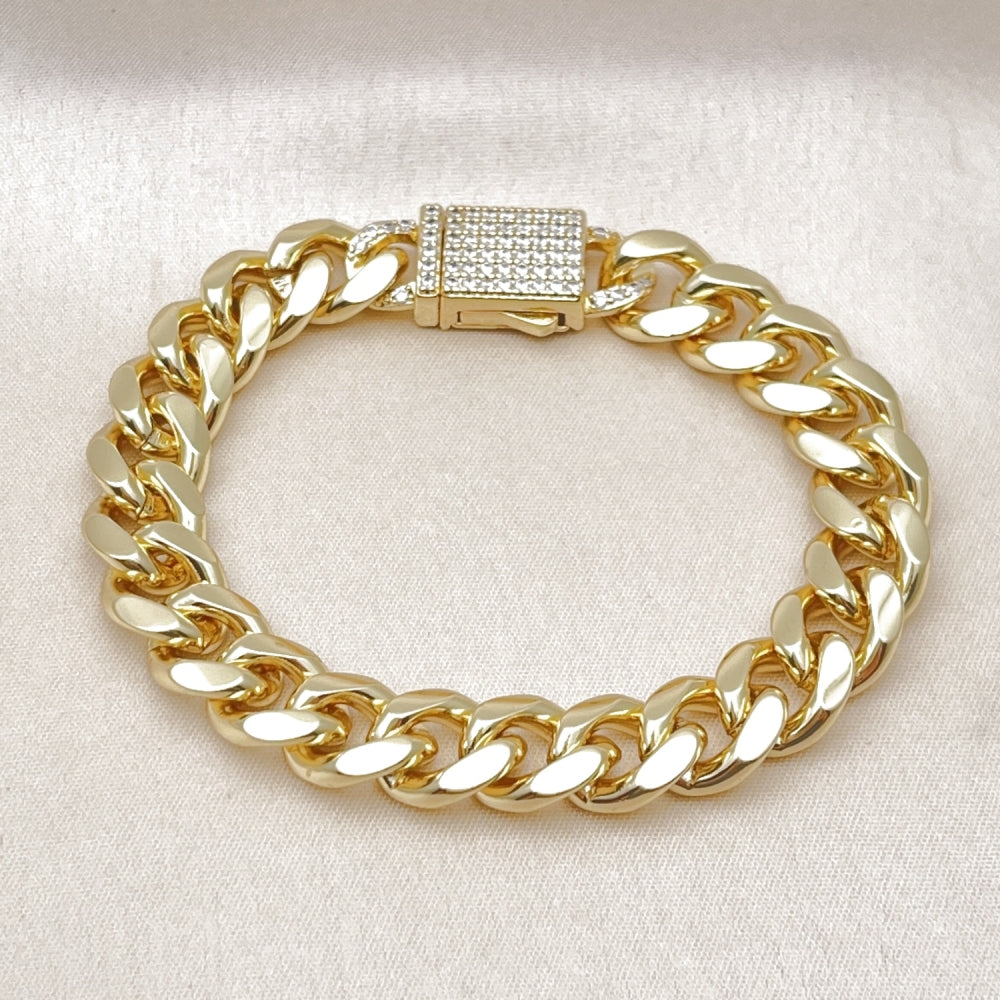 Oro Laminado Fancy Bracelet, Gold Filled Style Miami Cuban Design, with White Micro Pave, Polished, Golden Finish