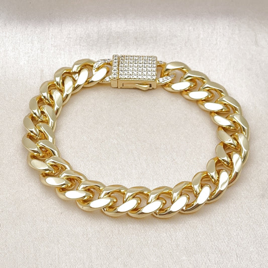 Oro Laminado Fancy Bracelet, Gold Filled Style Miami Cuban Design, with White Micro Pave, Polished, Golden Finish