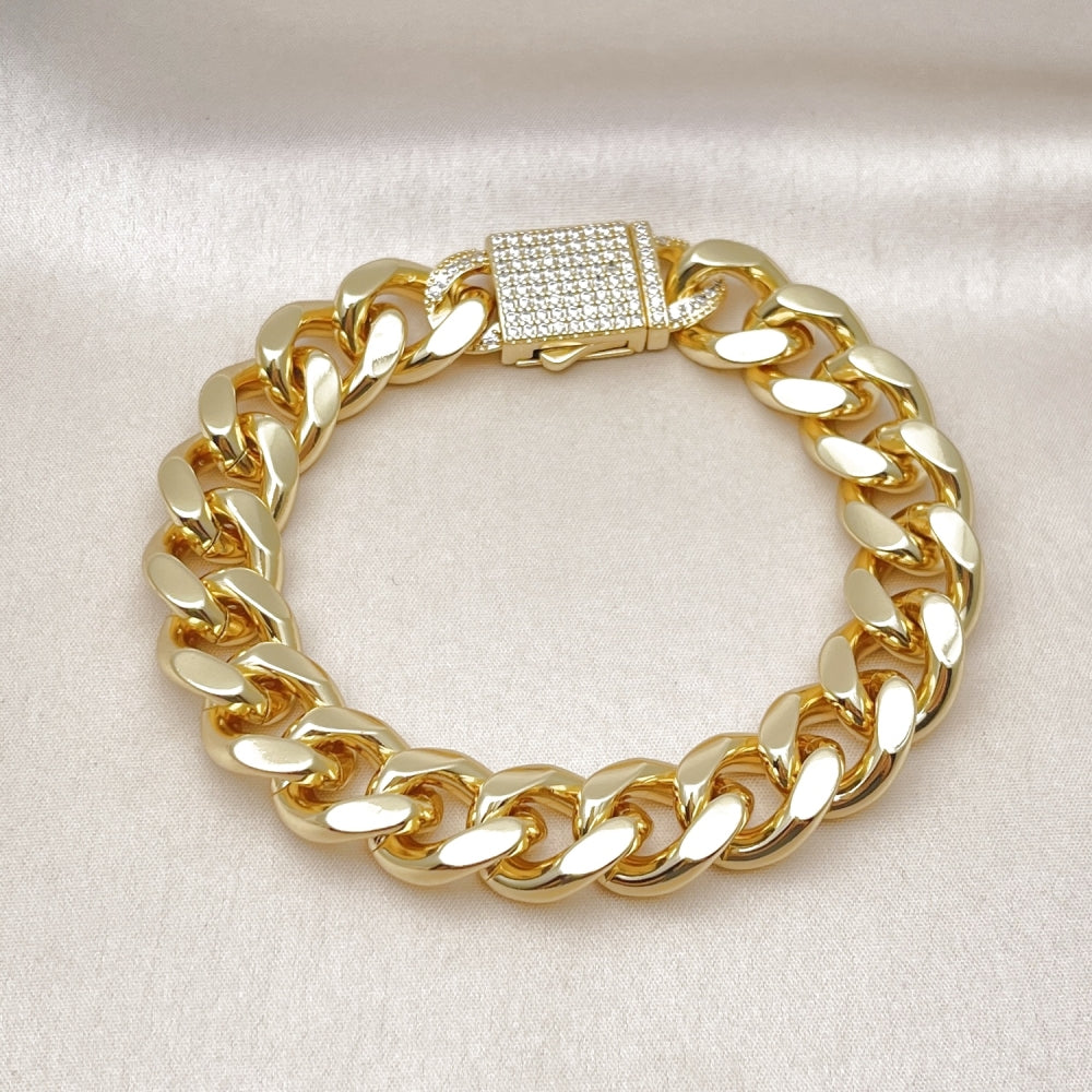 Oro Laminado Fancy Bracelet, Gold Filled Style Miami Cuban Design, with White Cubic Zirconia, Polished, Golden Finish