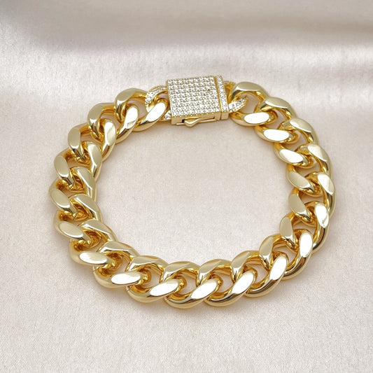Oro Laminado Fancy Bracelet, Gold Filled Style Miami Cuban Design, with White Cubic Zirconia, Polished, Golden Finish