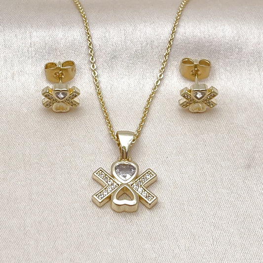 Oro Laminado Earring and Pendant Adult Set, Gold Filled Style Heart Design, with White Cubic Zirconia and White Micro Pave, Polished, Golden Finish
