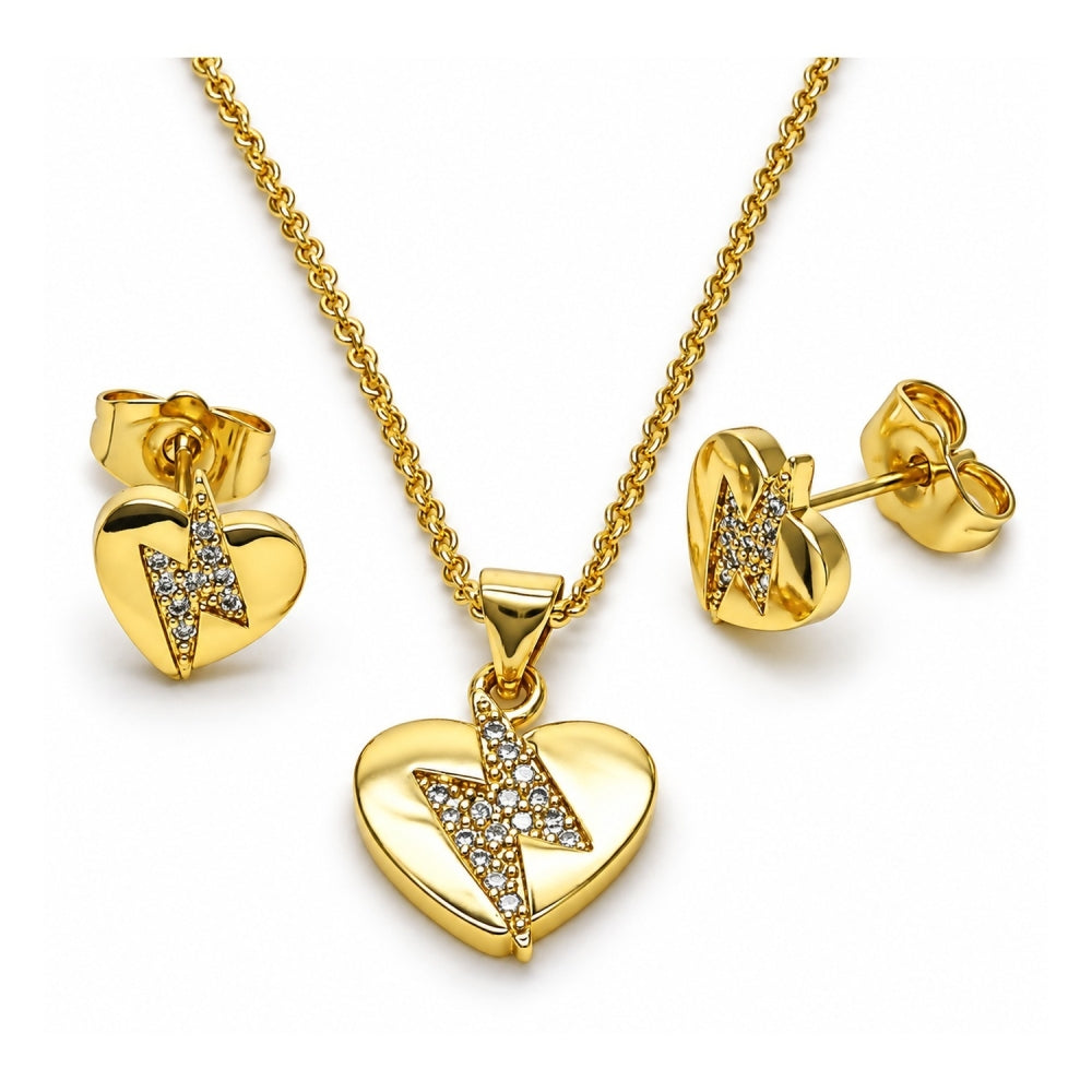 Oro Laminado Earring and Pendant Adult Set, Gold Filled Style Heart Design, with White Cubic Zirconia, Polished, Golden Finish