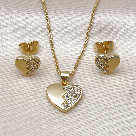 Oro Laminado Earring and Pendant Adult Set, Gold Filled Style Heart Design, with White Cubic Zirconia, Polished, Golden Finish