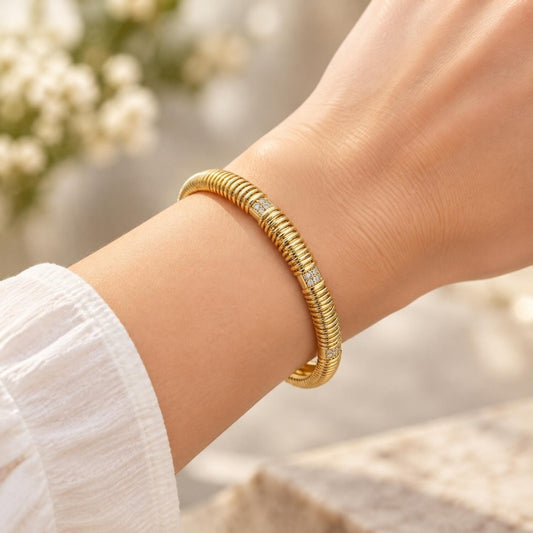 Oro Laminado Individual Bangle, Gold Filled Style with White Micro Pave, Polished, Golden Finish