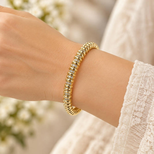 Oro Laminado Individual Bangle, Gold Filled Style with White Micro Pave, Polished, Golden Finish