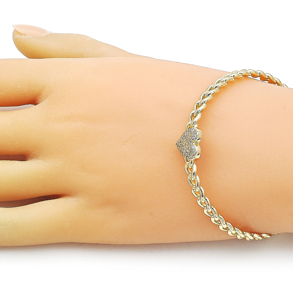 Oro Laminado Individual Bangle, Gold Filled Style Heart and Miami Cuban Design, with White Micro Pave, Polished, Golden Finish