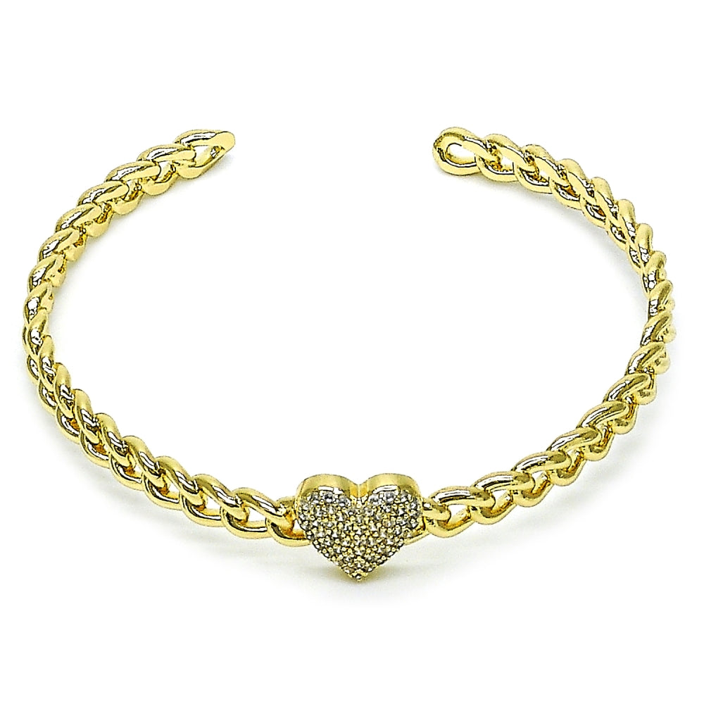 Oro Laminado Individual Bangle, Gold Filled Style Heart and Miami Cuban Design, with White Micro Pave, Polished, Golden Finish