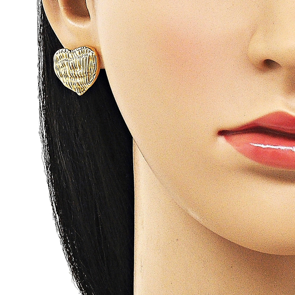 Oro Laminado Stud Earring, Gold Filled Style Heart Design, Polished, Golden Finish