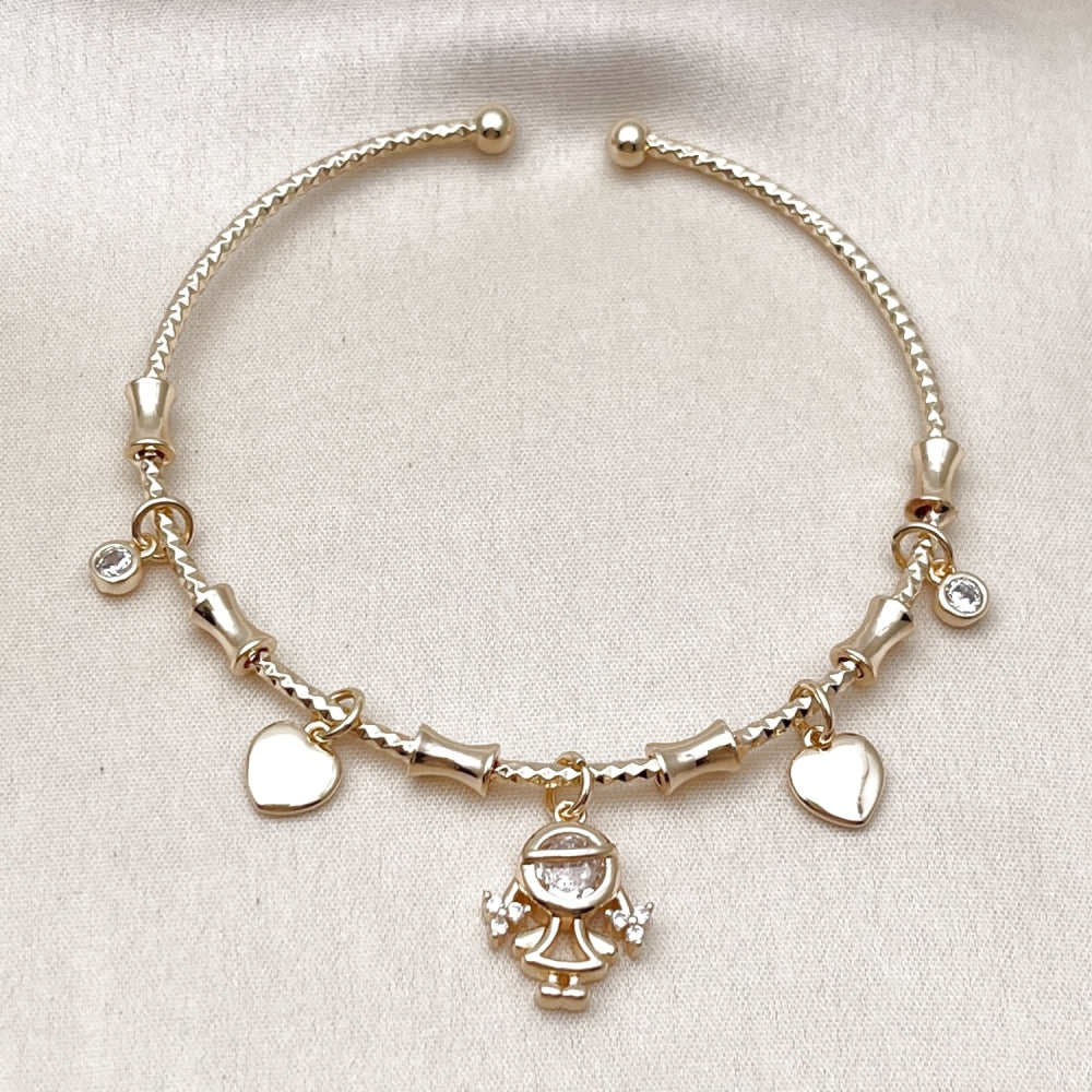 Oro Laminado Individual Bangle, Gold Filled Style Little Girl and Heart Design, with White Cubic Zirconia, Polished, Golden Finish