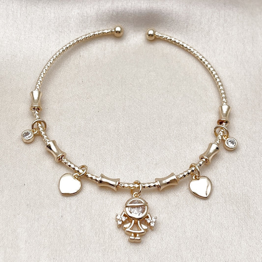 Oro Laminado Individual Bangle, Gold Filled Style Little Girl and Heart Design, with White Cubic Zirconia, Polished, Golden Finish