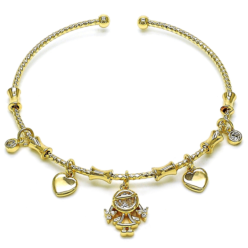 Oro Laminado Individual Bangle, Gold Filled Style Little Girl and Heart Design, with White Cubic Zirconia, Polished, Golden Finish
