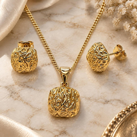 Oro Laminado Earring and Pendant Adult Set, Gold Filled Style Polished, Golden Finish