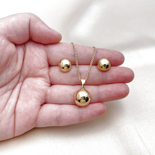Oro Laminado Earring and Pendant Adult Set, Gold Filled Style Ball Design, Polished, Golden Finish