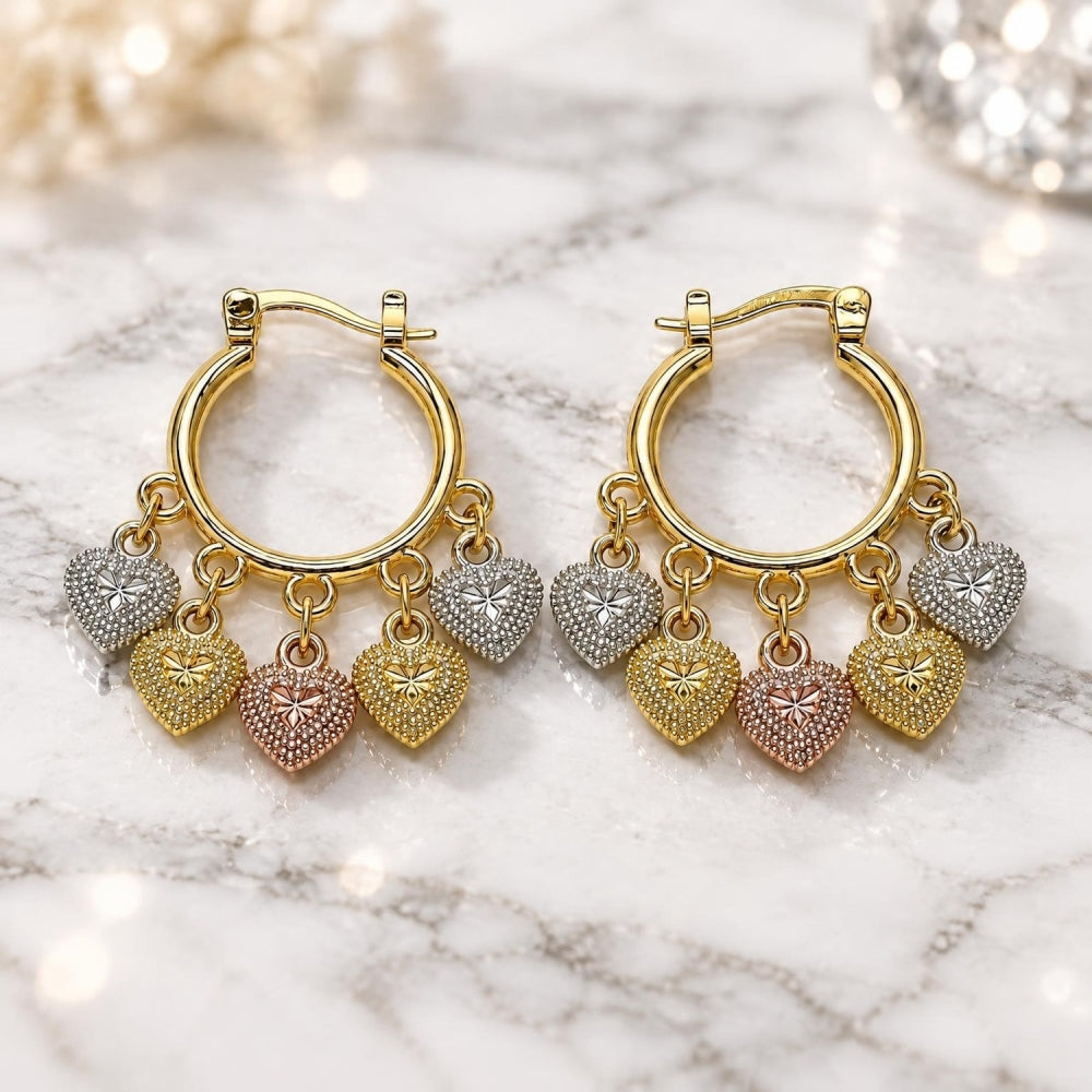 Oro Laminado Small Hoop, Gold Filled Style Heart Design, Diamond Cutting Finish, Tricolor