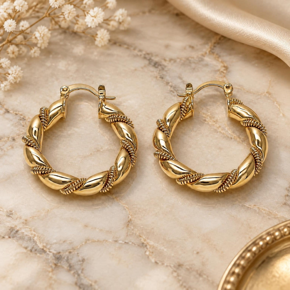 Oro Laminado Medium Hoop, Gold Filled Style Hollow and Twist Design, Polished, Golden Finish