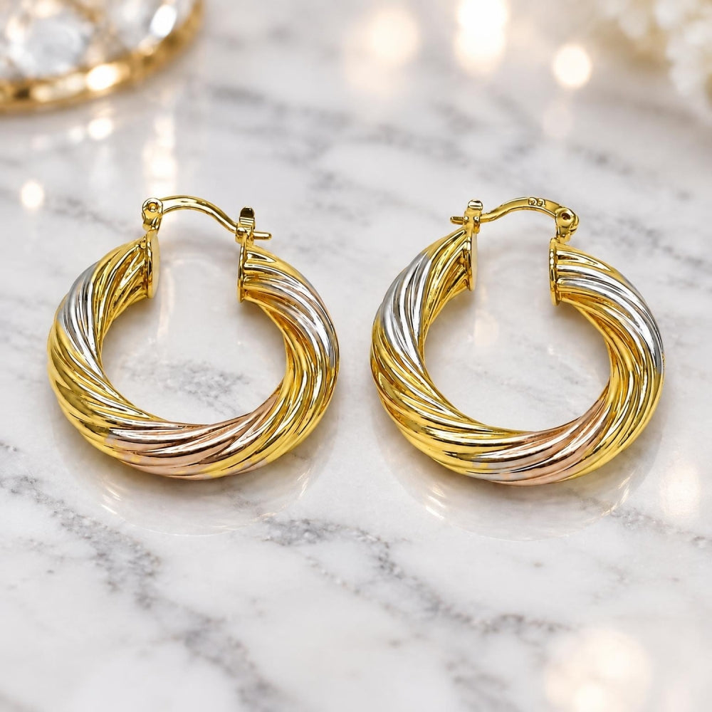 Oro Laminado Medium Hoop, Gold Filled Style Twist and Hollow Design, Polished, Tricolor